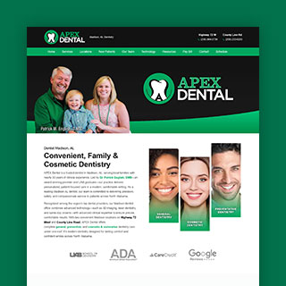Custom dentist website design for Apex Dental Madison Alabama homepage preview
