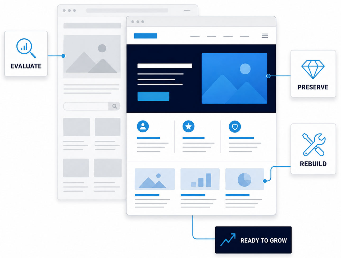 Website Redesign Services for Huntsville and North Alabama Businesses Website redesign process showing an existing website evaluated, preserved and rebuilt for growth